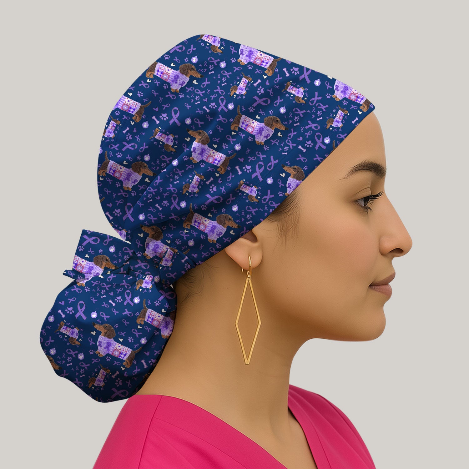 Dachshund Bouffant Scrub Caps for Women - Purple Ribbon Surgical Caps for Doctors - Breathable Fabrics Caps Uniform - Puppy Lover Gift
