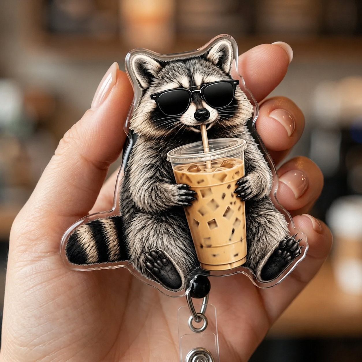 Funny Raccoon Coffee Badge Reel, Cute Iced Coffee Animal Badge Holder, Nurse Office Gift
