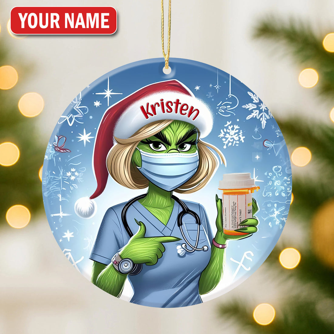 Personalized Funny Pharmacist Ceramic Ornament, Green Monster Nurse Holding Pill, RN LPN CNA Healthcare Workers Gift
