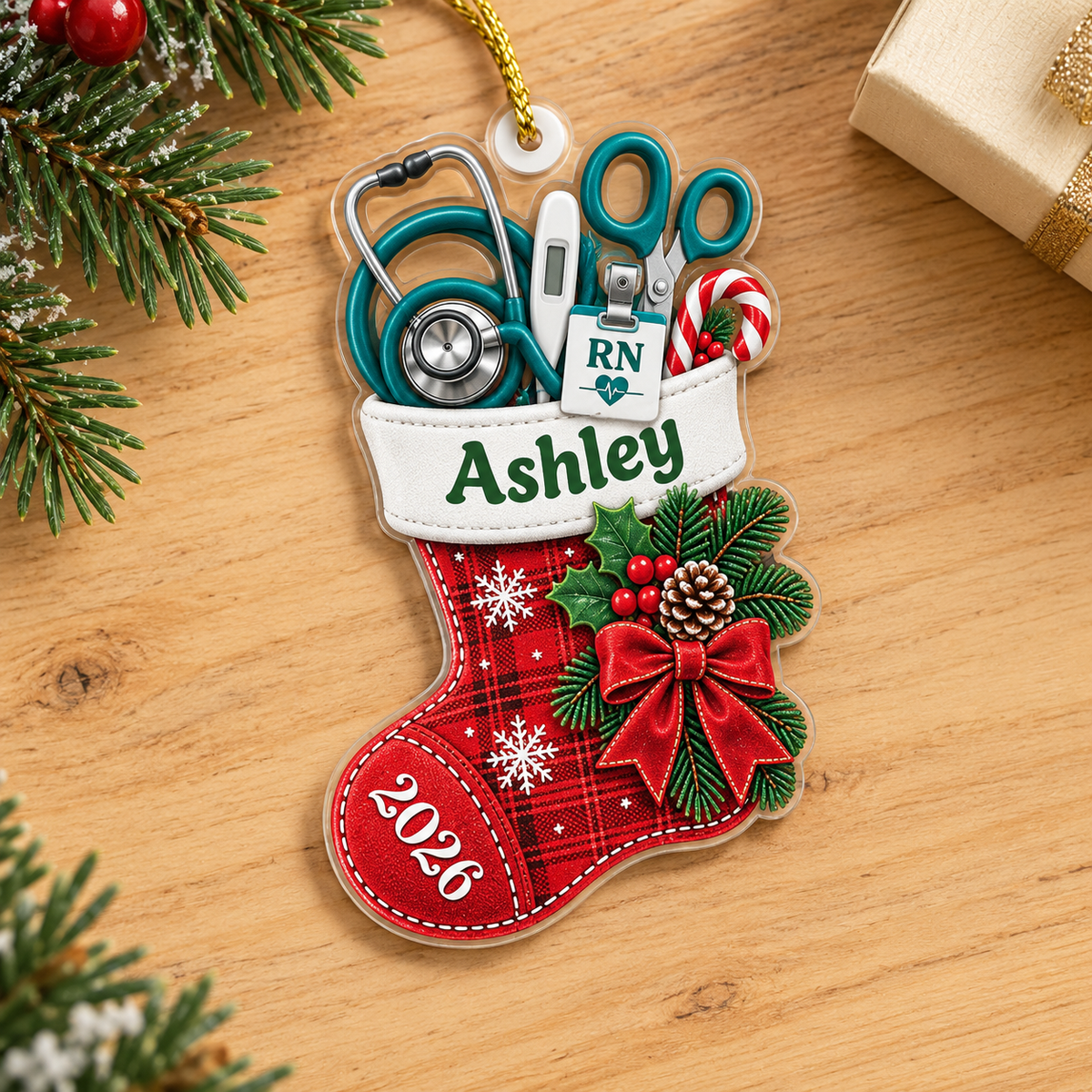 Personalized Nurse Stocking Acrylic Ornament – Custom Name & Year Christmas Gift