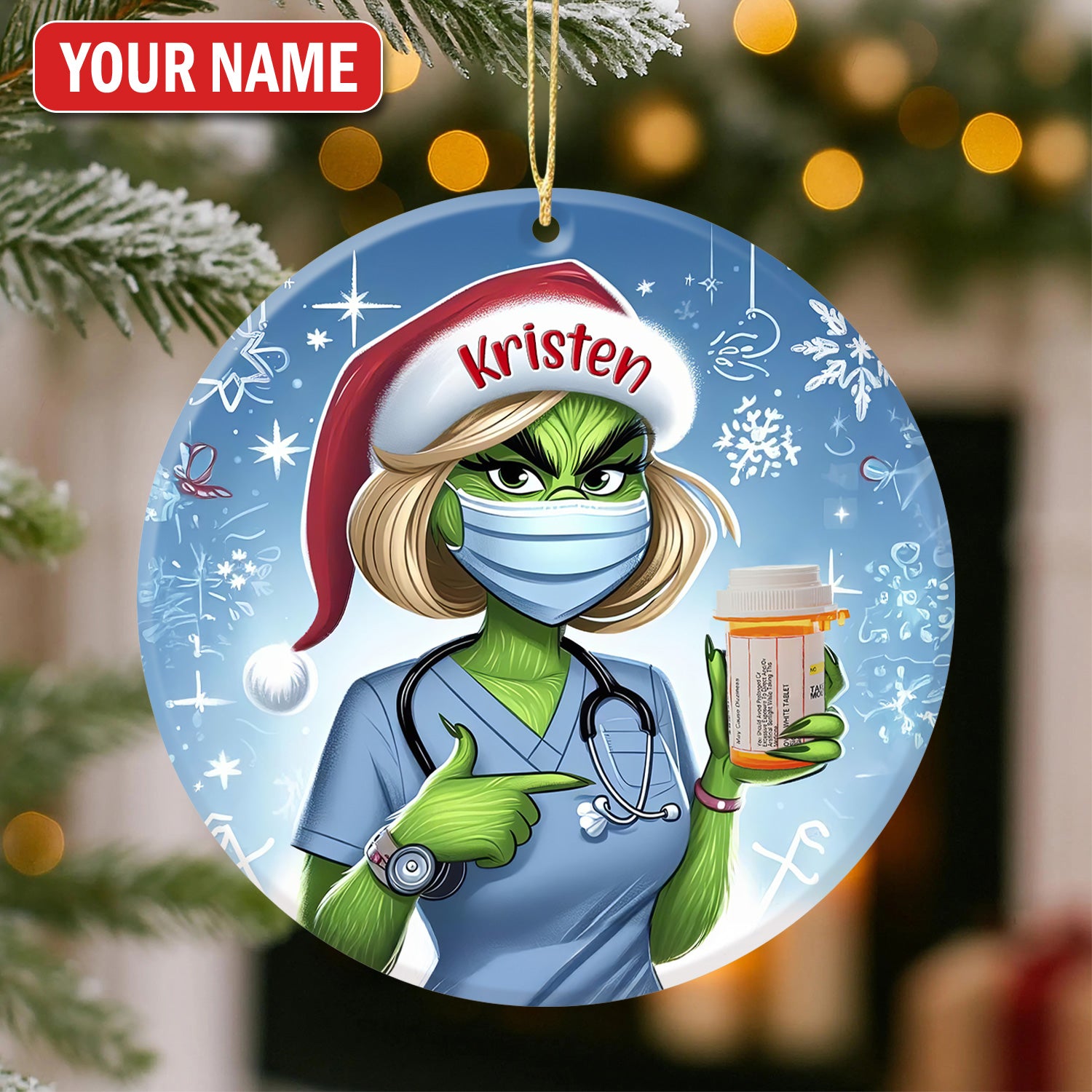 Personalized Funny Pharmacist Ceramic Ornament, Green Monster Nurse Holding Pill, RN LPN CNA Healthcare Workers Gift