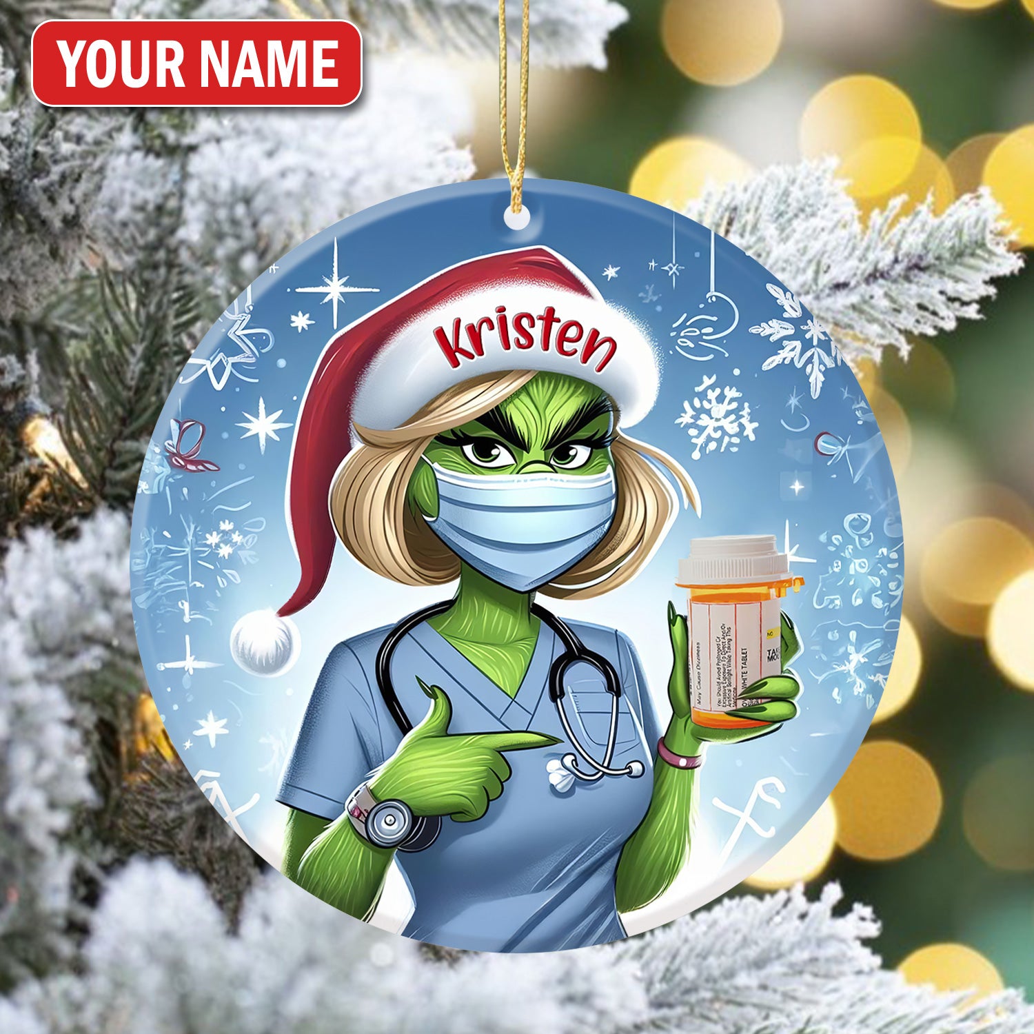 Personalized Funny Pharmacist Ceramic Ornament, Green Monster Nurse Holding Pill, RN LPN CNA Healthcare Workers Gift