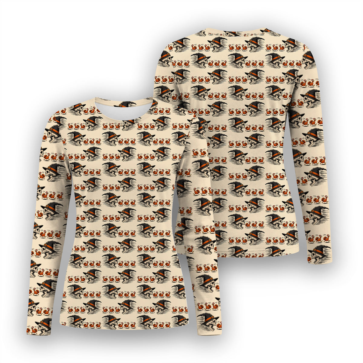 Funny Thanksgiving Skull Chasing Turkeys Pattern Underscrub, Long Sleeve Shirt for Nurses