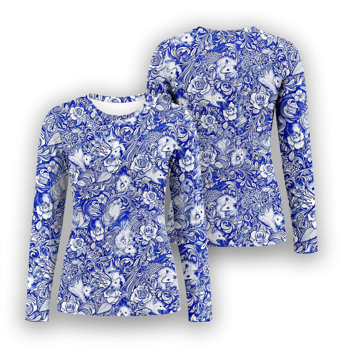 Blue Floral Opossum and Roses Underscrub, Long Sleeve Shirt for Nurses
