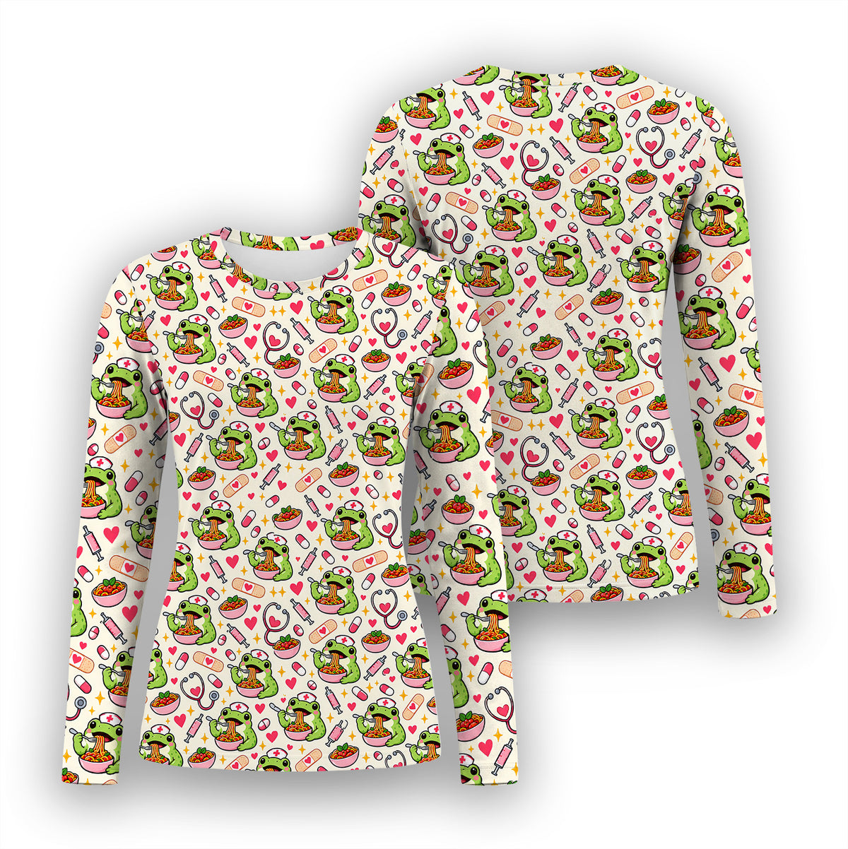 Cute Nurse Frogs Eating Noodles Pattern Underscrub, Long Sleeve Shirt for Nurses
