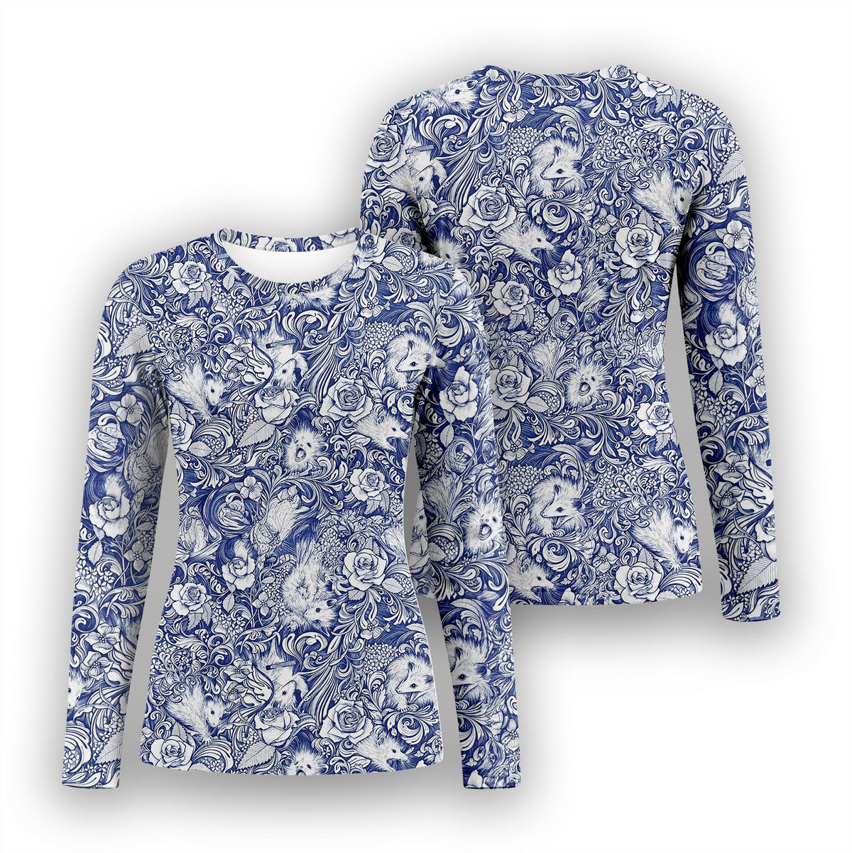 Blue Floral Opossum and Roses Underscrub, Long Sleeve Shirt for Nurses