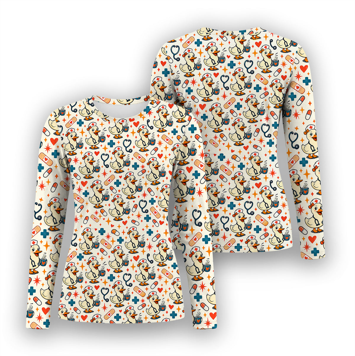 Cute Nurse Duck With Coffee Underscrub, Long Sleeve Shirt for Nurses
