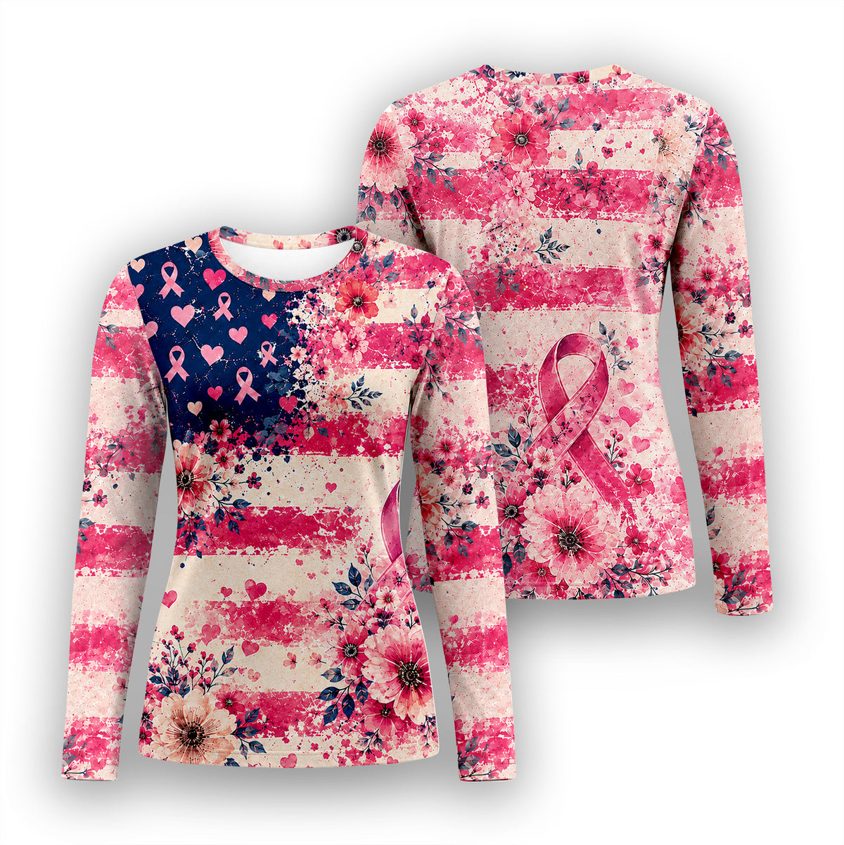 Breast Cancer Awareness Floral Ribbon Underscrub, Long Sleeve Shirt for Nurses