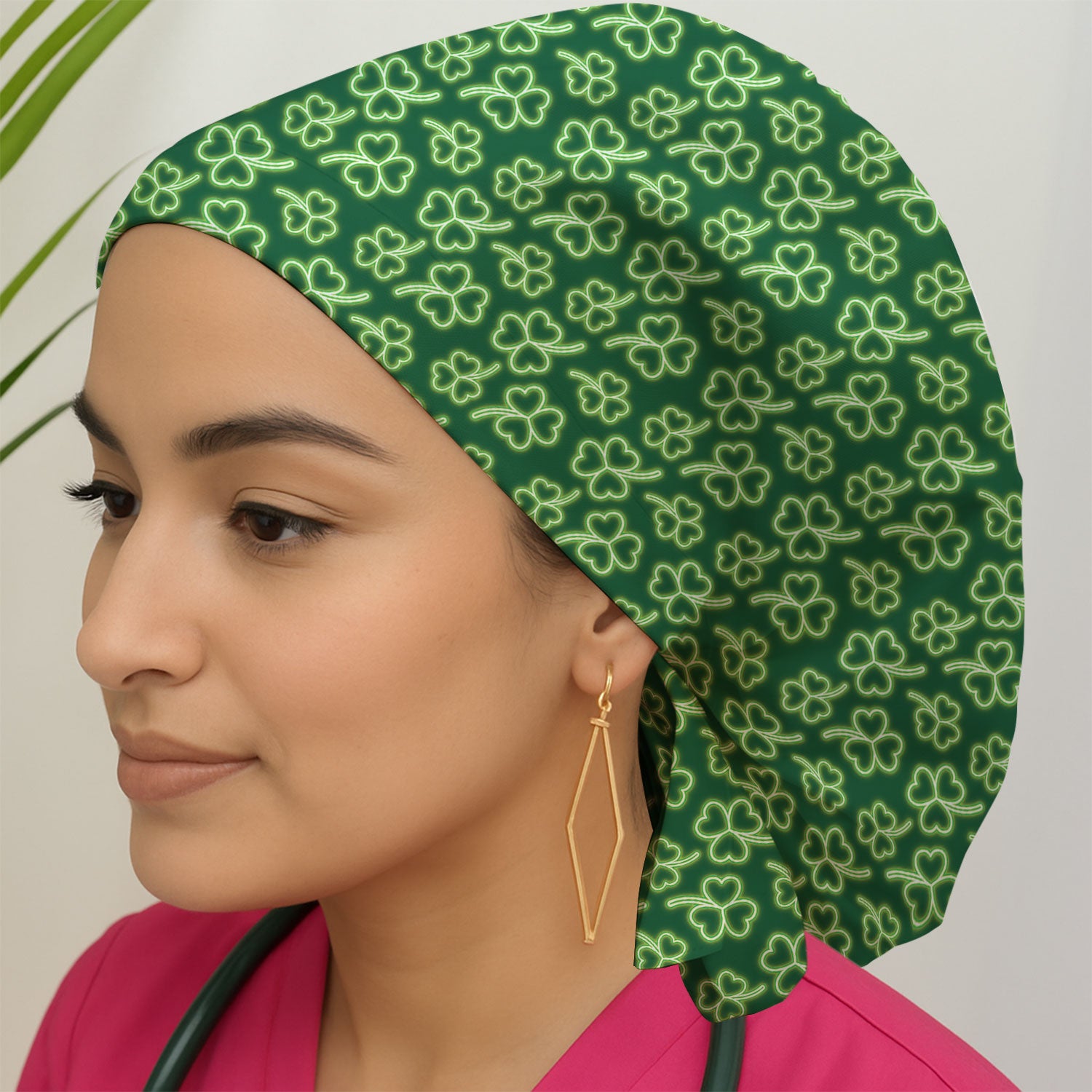 Neon Shamrock Nurse Scrub Cap, St. Patrick’s Day Glow Green Pattern Pattern Hat,  Breathable Fabrics Nursing Uniform