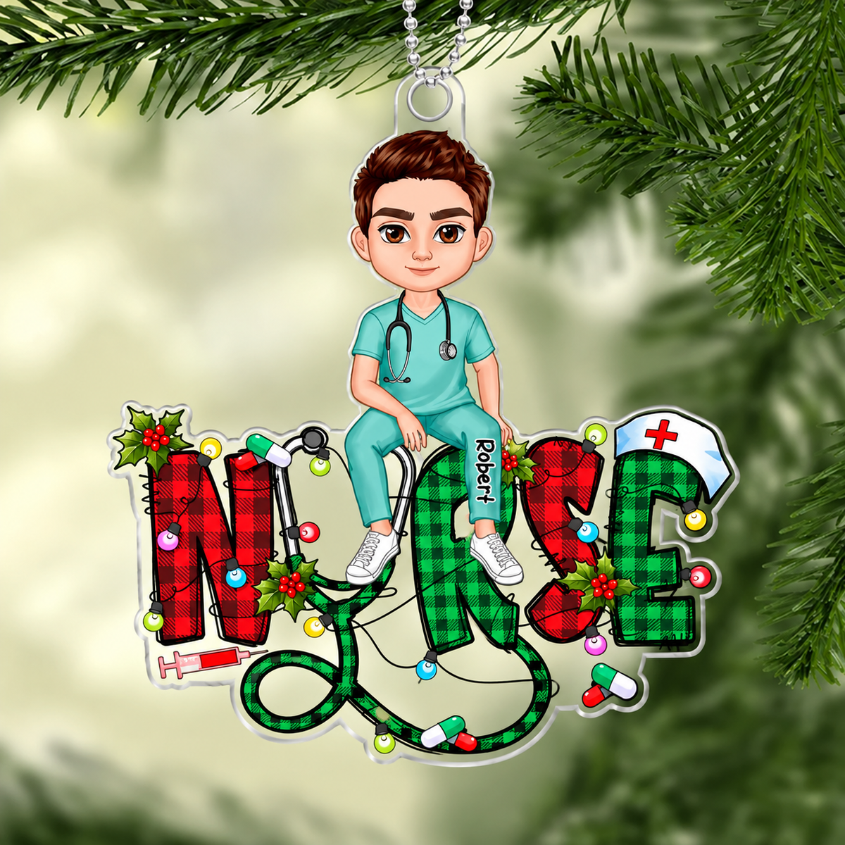 Personalized Sitting Nurse Acrylic Ornament – Christmas Plaid & Lights Custom Name Nurse Gift