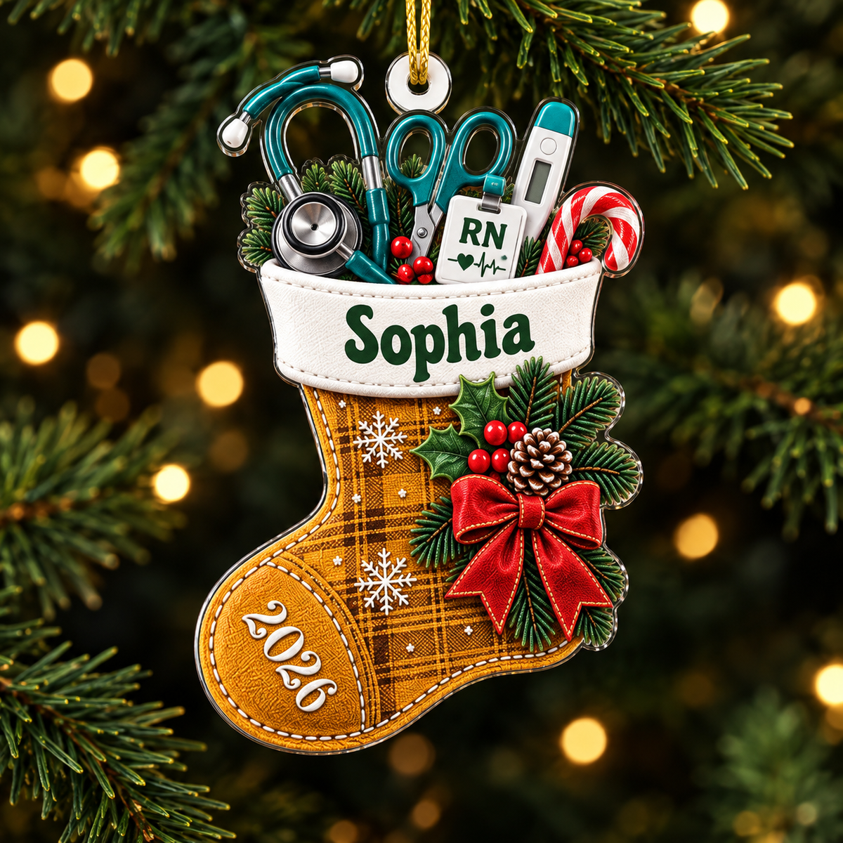 Personalized Nurse Stocking Acrylic Ornament – Custom Name & Year Christmas Gift