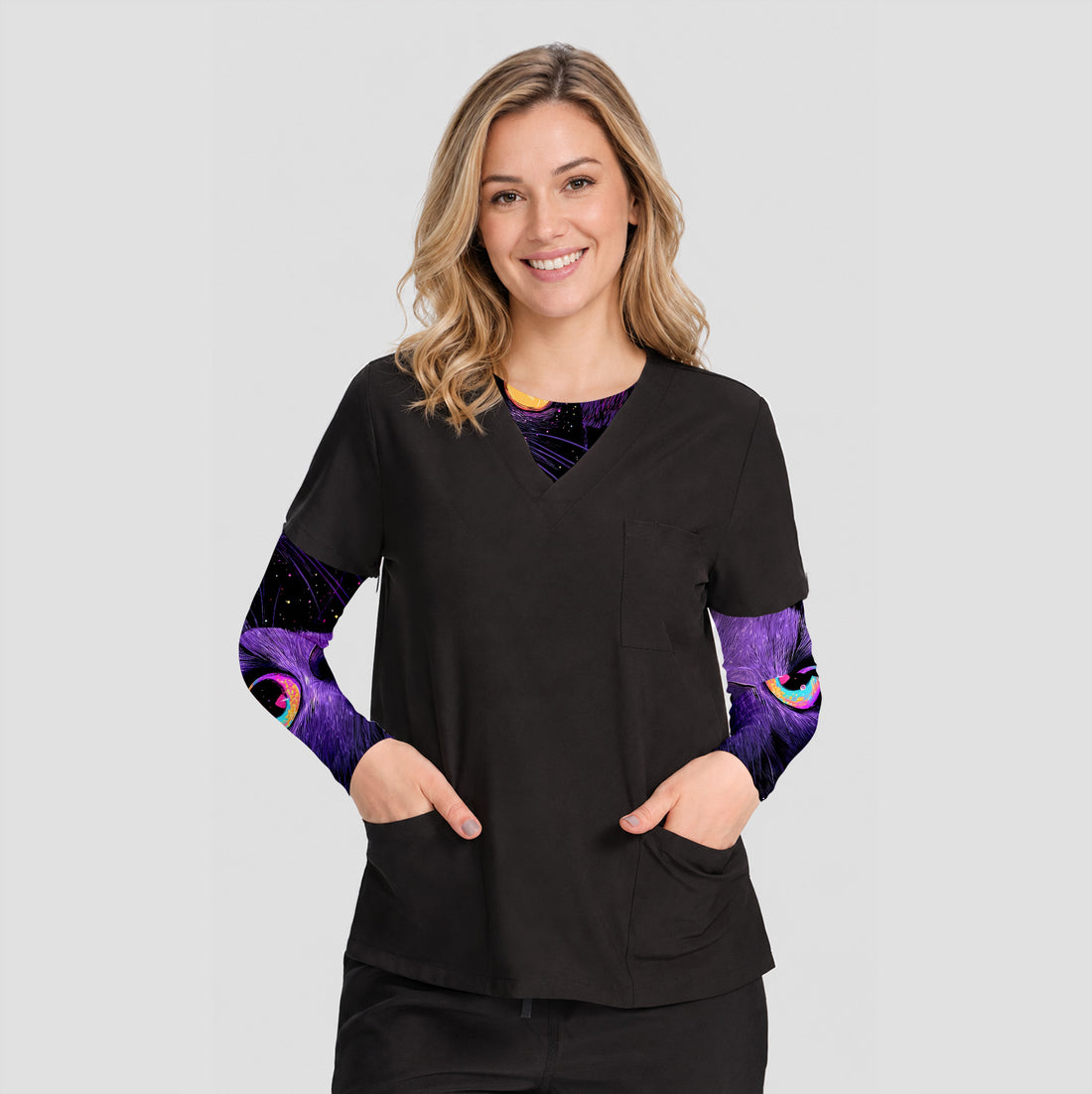 Colorful Neon Cat Faces Underscrub, Long Sleeve Shirt for Nurses