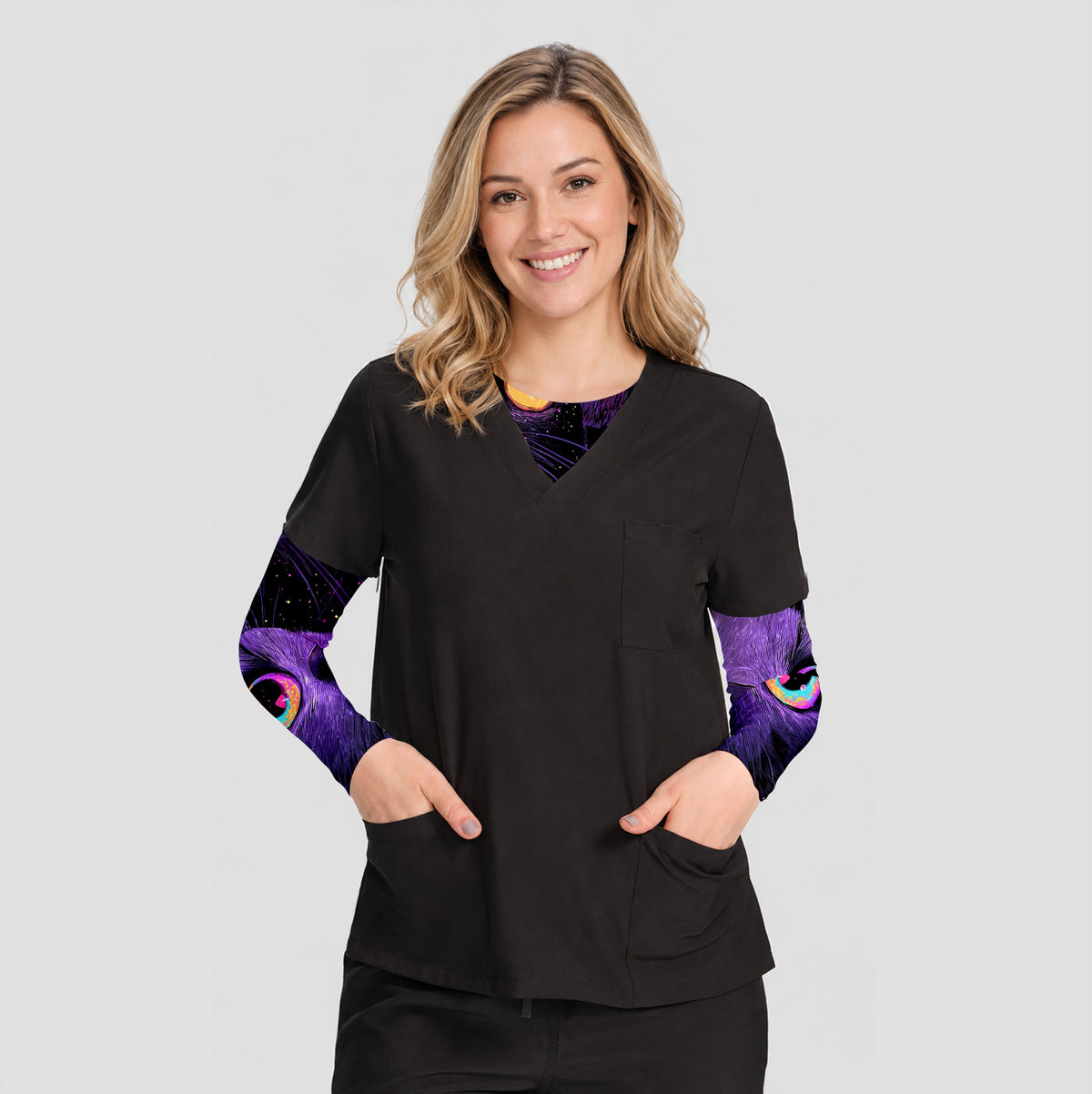 Colorful Neon Cat Faces Underscrub, Long Sleeve Shirt for Nurses