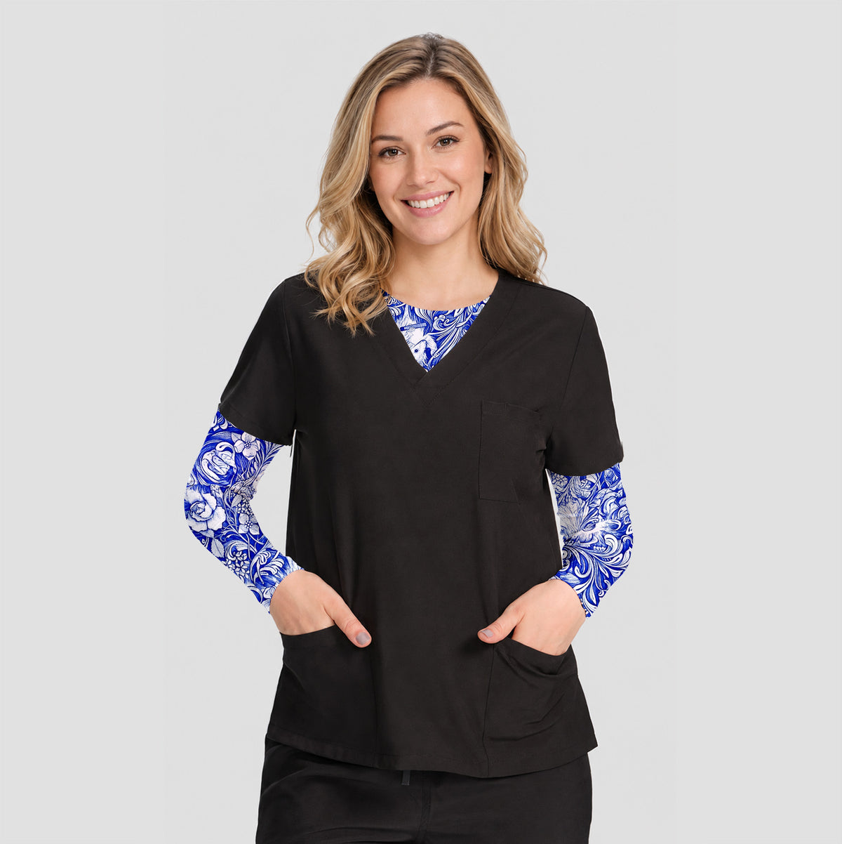 Blue Floral Opossum and Roses Underscrub, Long Sleeve Shirt for Nurses