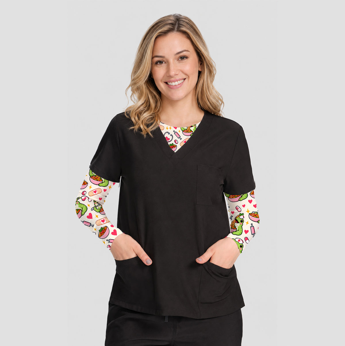 Cute Nurse Frogs Eating Noodles Pattern Underscrub, Long Sleeve Shirt for Nurses
