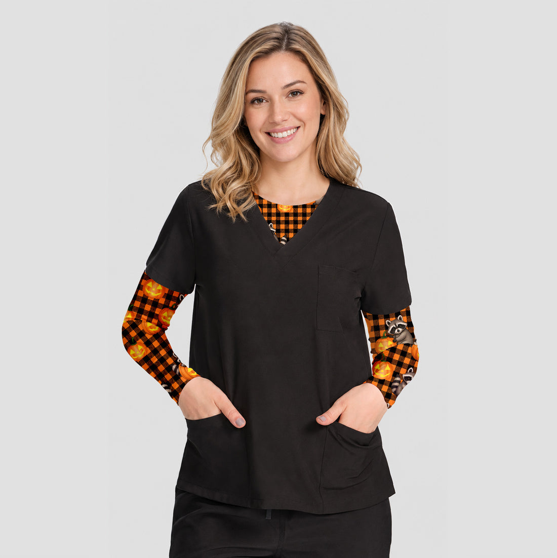 Halloween Raccoon And Pumpkin Underscrub, Long Sleeve Shirt for Nurses