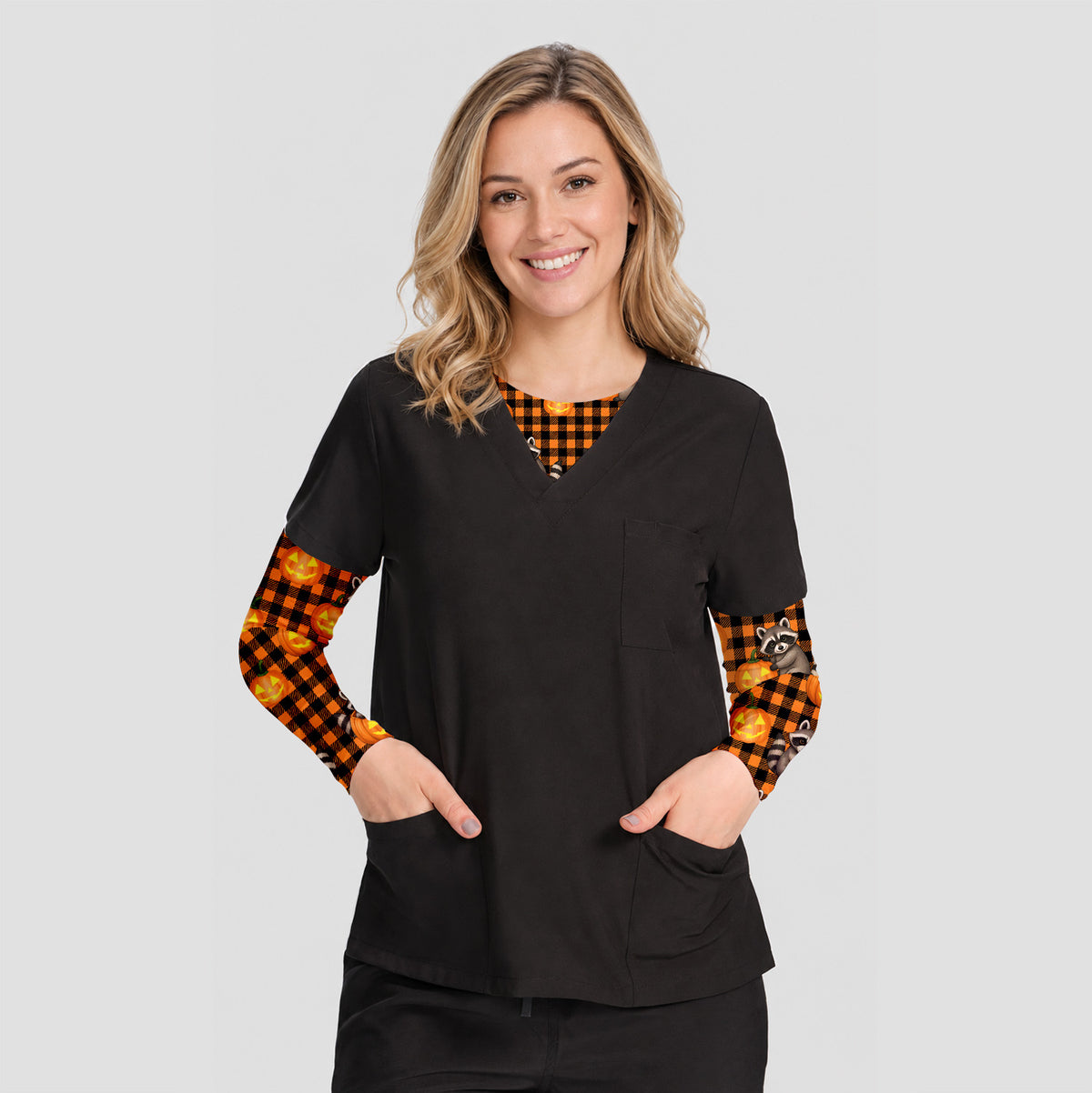 Halloween Raccoon And Pumpkin Underscrub, Long Sleeve Shirt for Nurses