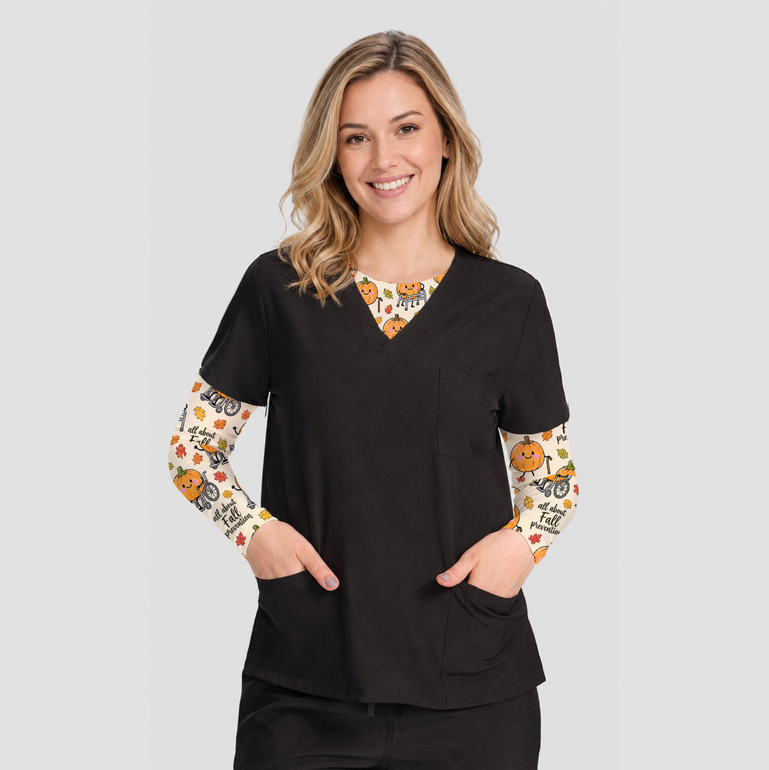 Cute Fall Prevention Pumpkin Pattern Underscrub, Long Sleeve Shirt for Nurses