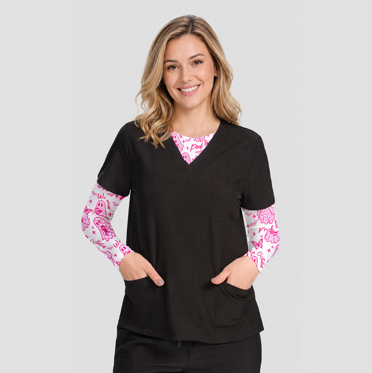 Pink October Ghost Underscrub, Long Sleeve Shirt for Nurses