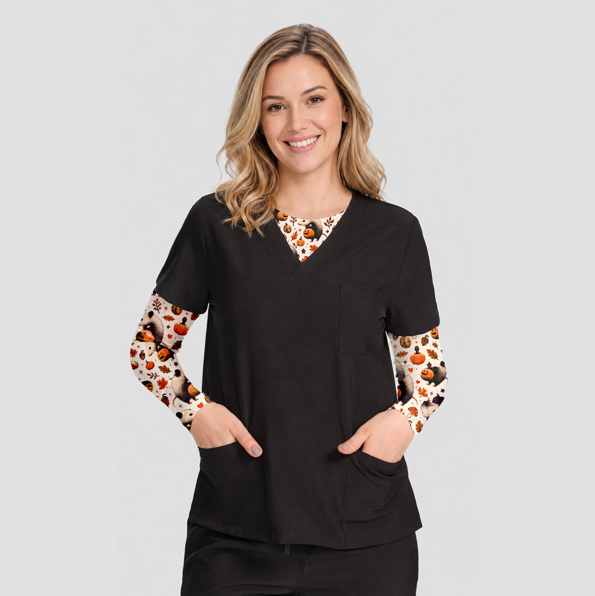Halloween Opossum Pumpkin Patch Pattern Underscrub, Long Sleeve Shirt for Nurses
