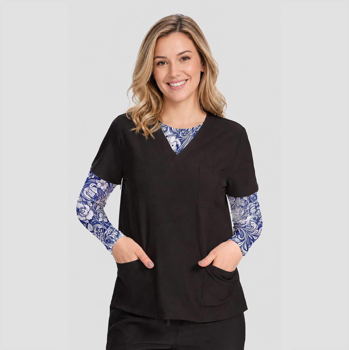 Blue Floral Opossum and Roses Underscrub, Long Sleeve Shirt for Nurses