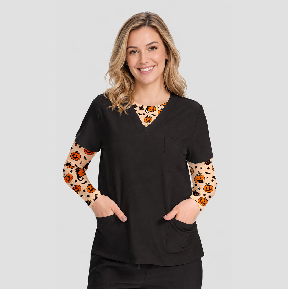 Halloween Black Cats Jack O Lanterns Underscrub, Long Sleeve Shirt for Nurses