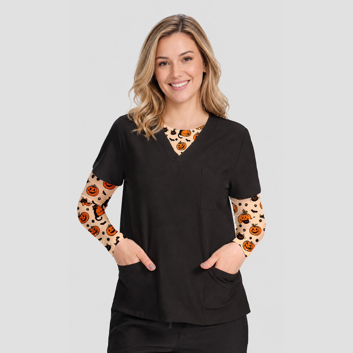 Cute Halloween Black Cat And Pumpkins Underscrub, Long Sleeve Shirt for Nurses