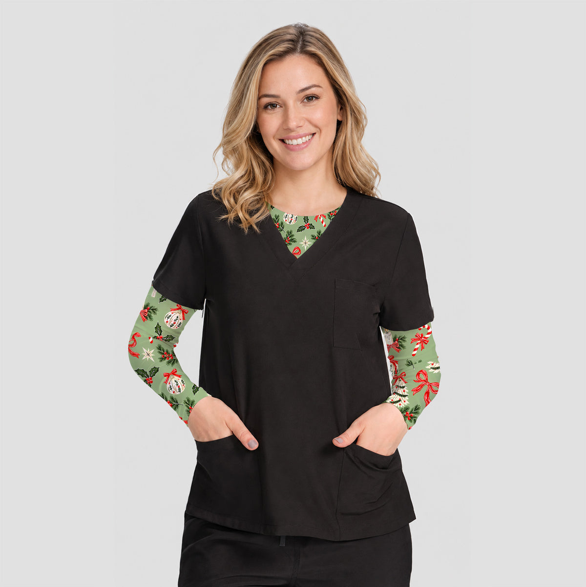 Christian Christmas Bows And Holly Underscrub, Long Sleeve Shirt for Nurses