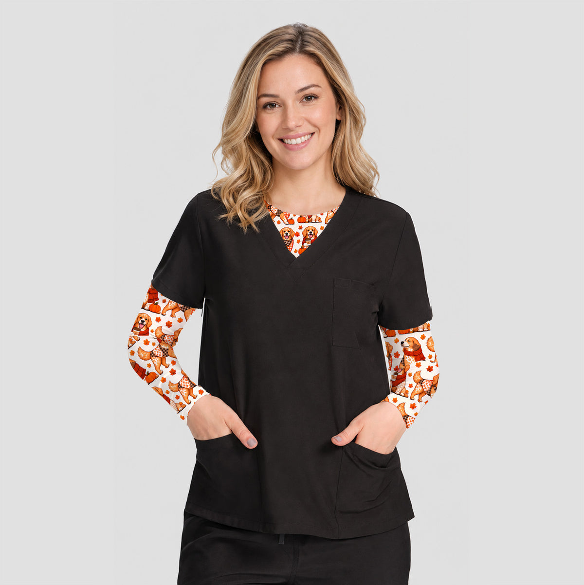 Fall Golden Retriever And Pumpkin Underscrub, Long Sleeve Shirt for Nurses