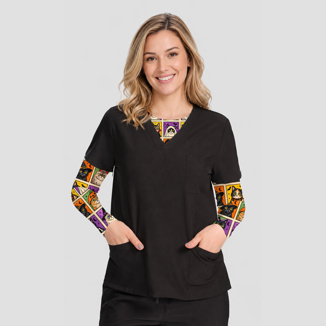 Halloween Cat Costume Patchwork Underscrub, Long Sleeve Shirt for Nurses
