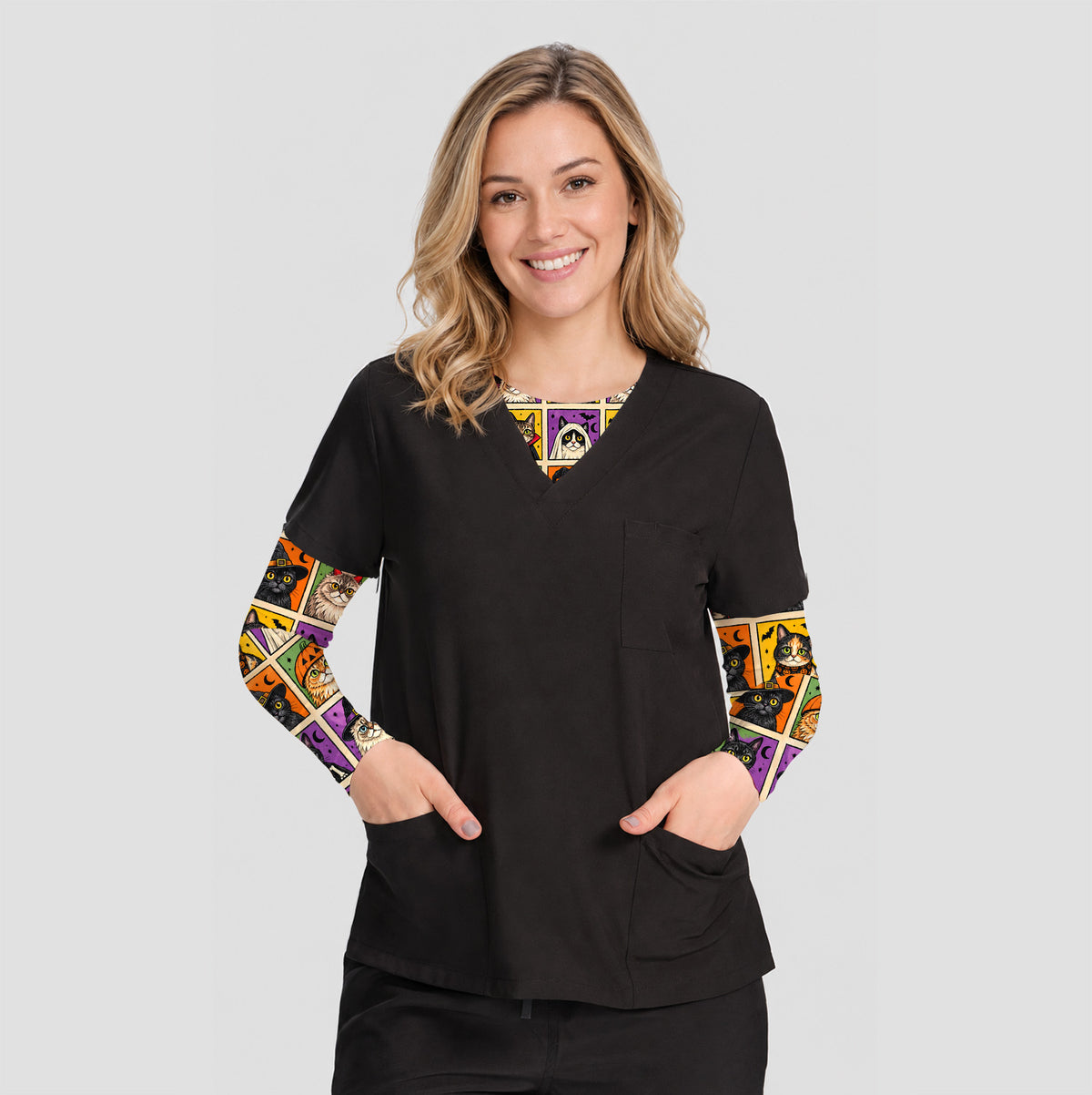 Halloween Cat Costume Patchwork Underscrub, Long Sleeve Shirt for Nurses