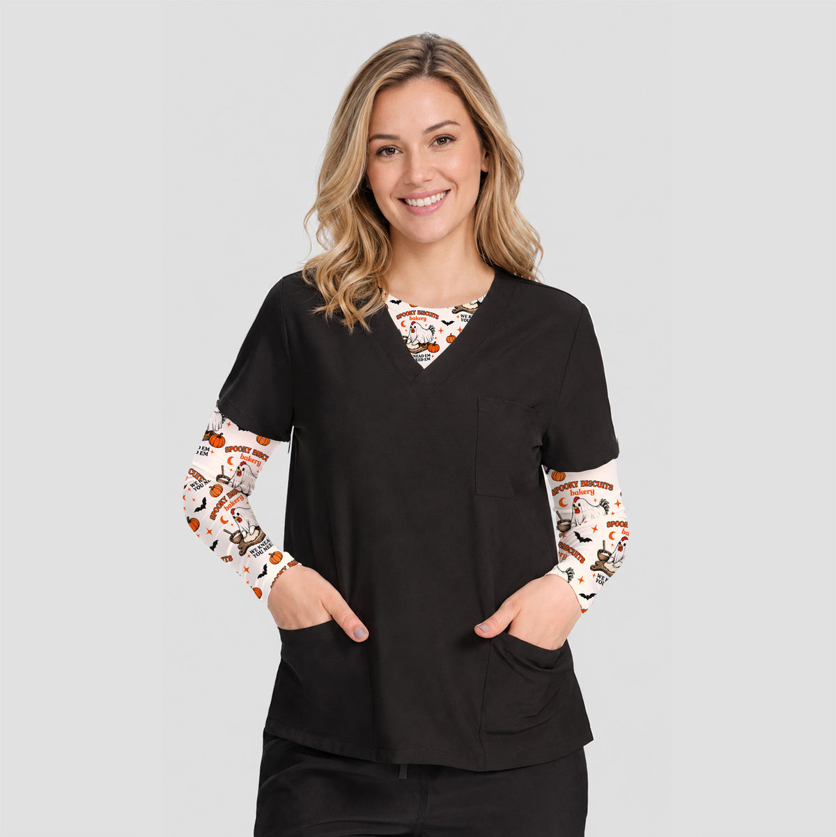 Halloween Spooky Biscuits Chicken Pattern Underscrub, Long Sleeve Shirt for Nurses