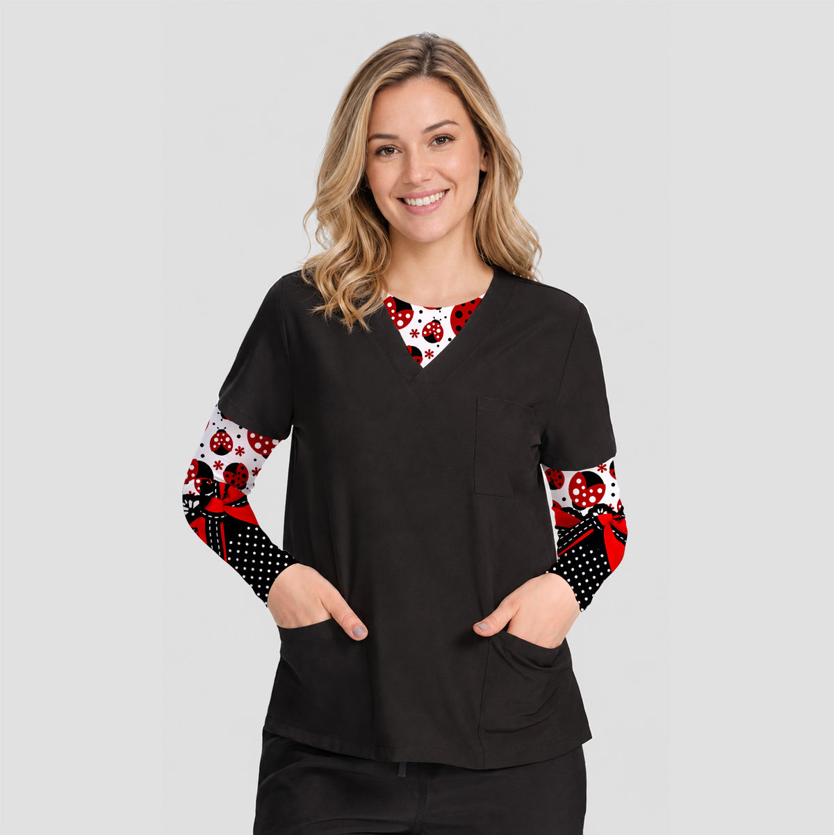 Unterziehshirt mit Marienkäfer- und Punkten-Schleifen-Motiv, gemütliches Langarmshirt für Pflegekräfte