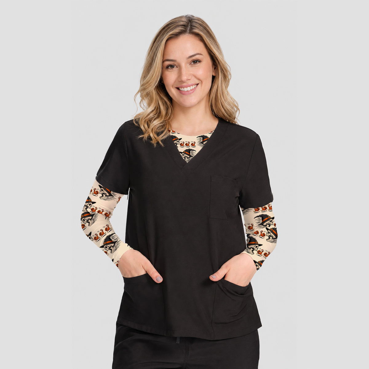 Funny Thanksgiving Skull Chasing Turkeys Pattern Underscrub, Long Sleeve Shirt for Nurses