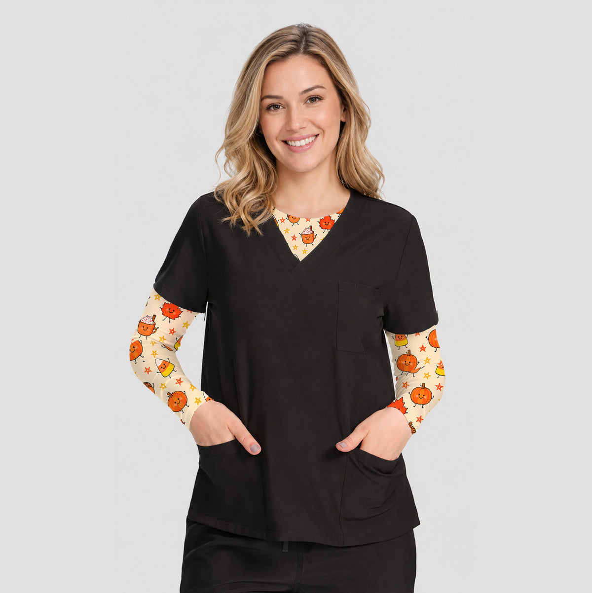 Cute Fall Pumpkin Spice Doodles Underscrub, Long Sleeve Shirt for Nurses