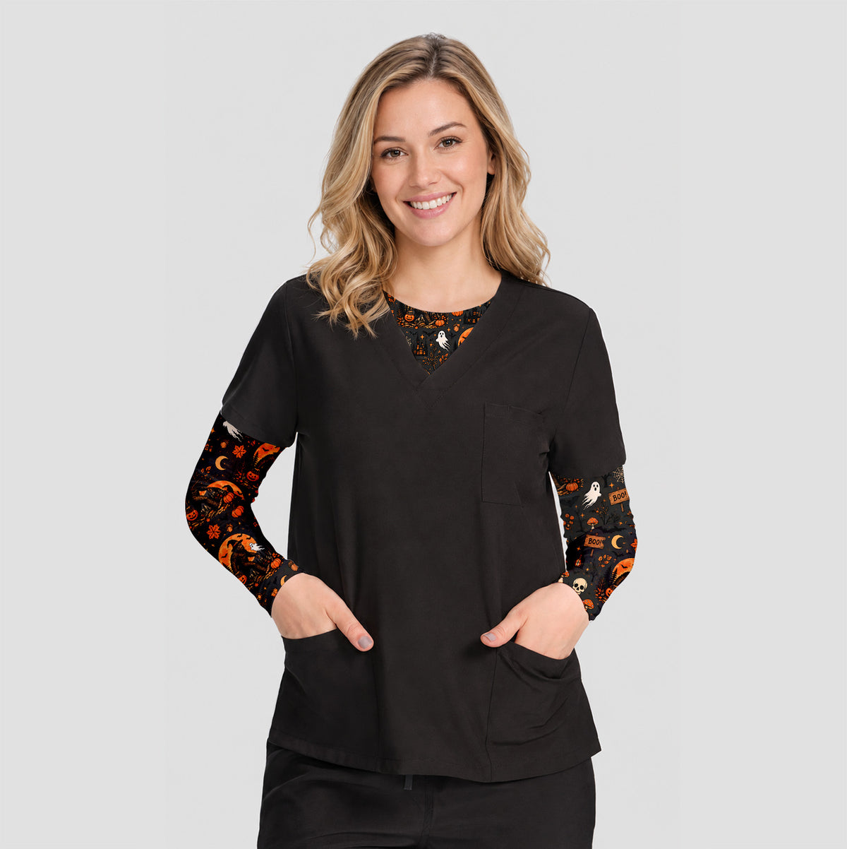 Halloween Bigfoot Ghost with Pumpkin Underscrub, Long Sleeve Shirt for Nurses