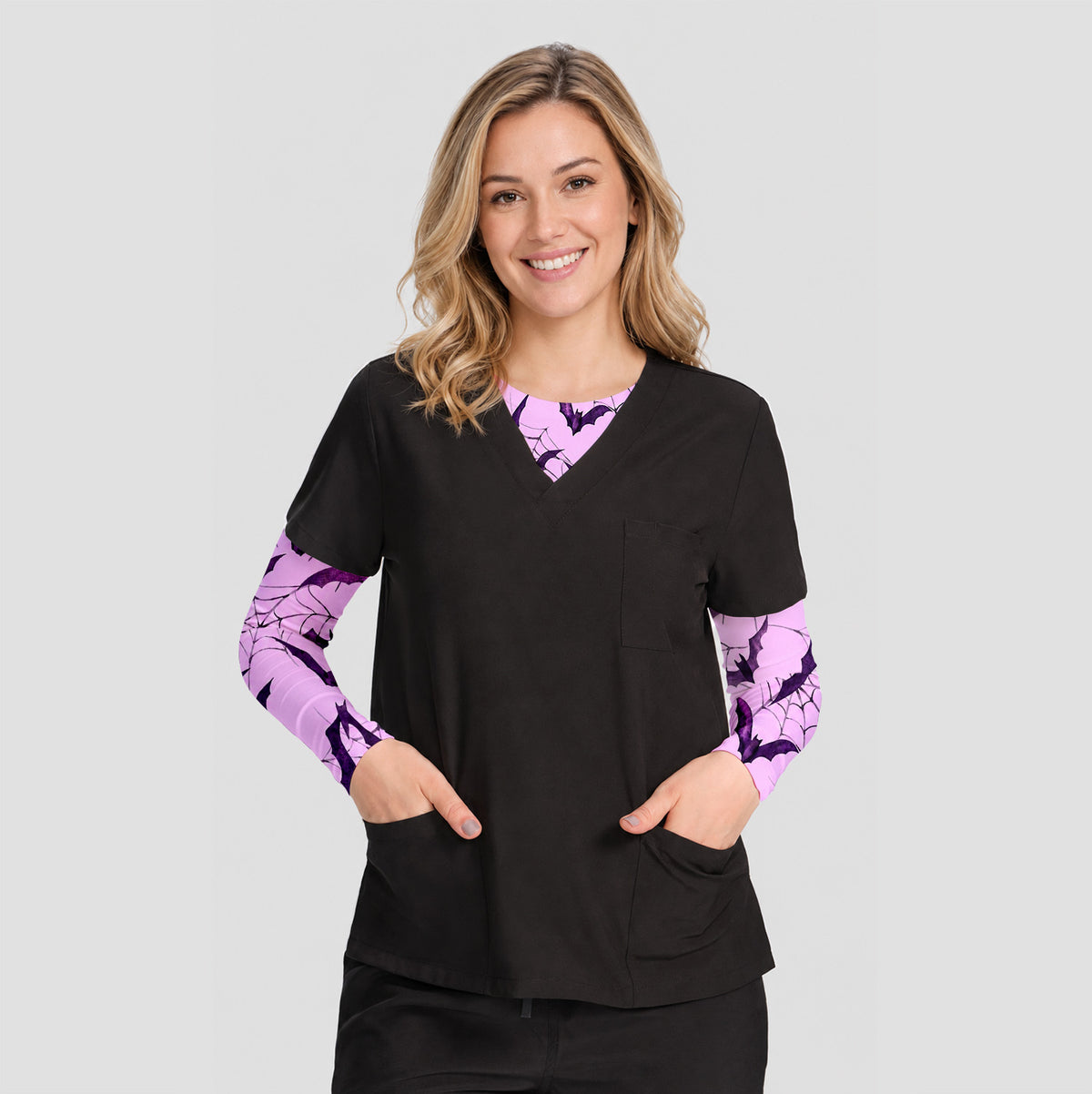 Halloween Bat with Spider Web Underscrub, Long Sleeve Shirt for Nurses