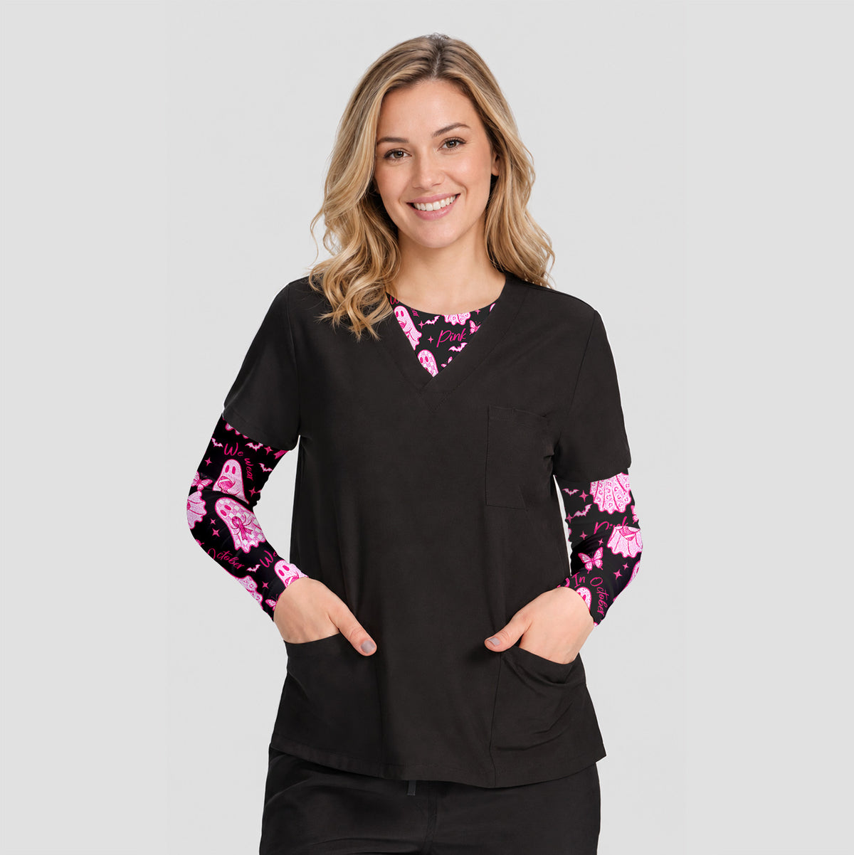 Pink October Ghost Underscrub, Long Sleeve Shirt for Nurses