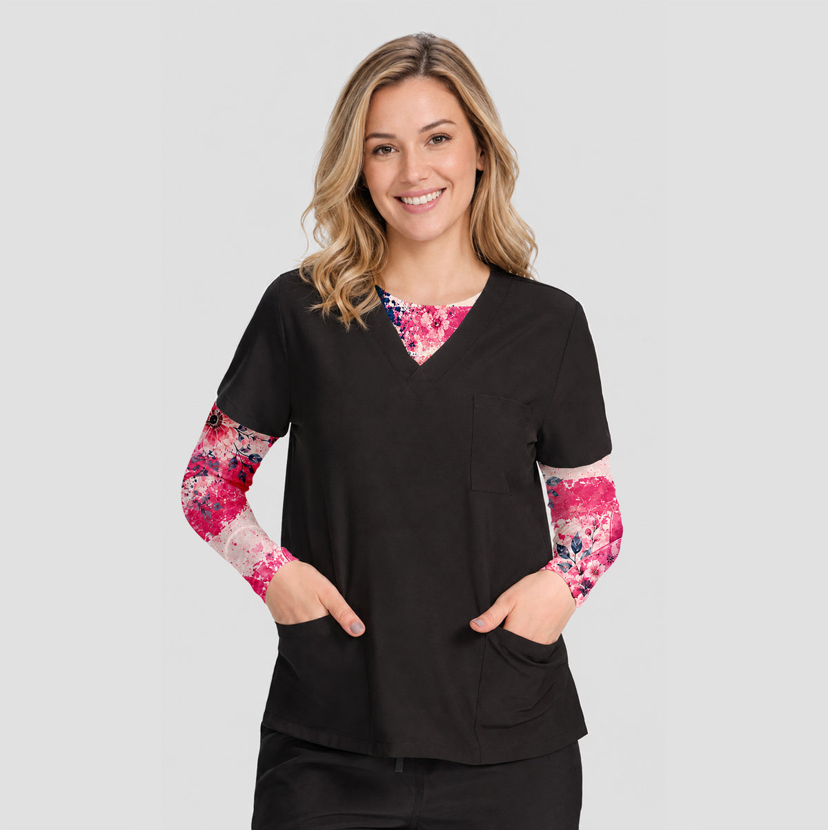 Breast Cancer Awareness Floral Ribbon Underscrub, Long Sleeve Shirt for Nurses