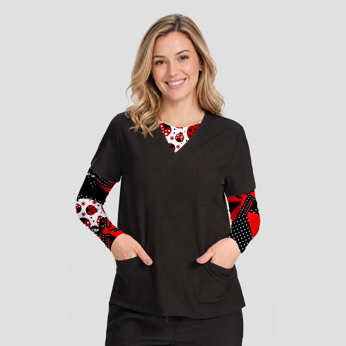 Ladybug Bow And Polka Dot Underscrub, Long Sleeve Shirt for Nurses