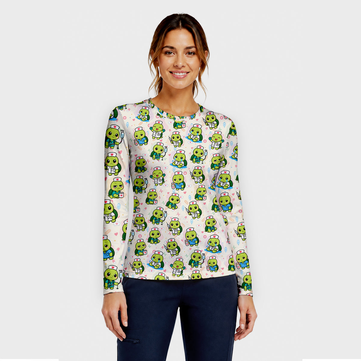 Cute Nurse Turtle Medical Icons Underscrub, Long Sleeve Shirt for Nurses