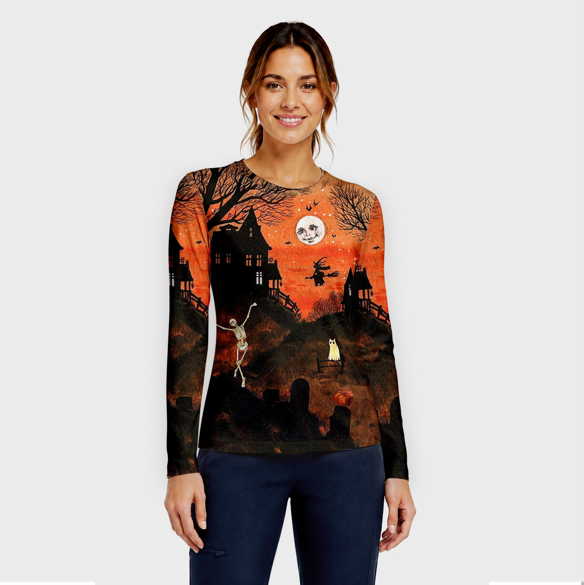 Buntes Neon-Katzen-Unterziehshirt, Langarmshirt für Pflegekräfte