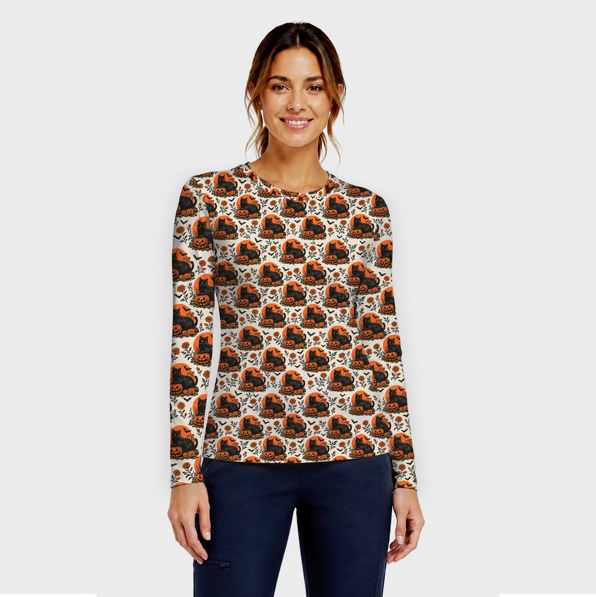 Halloween Black Cat Energy Pattern Underscrub, Long Sleeve Shirt for Nurses