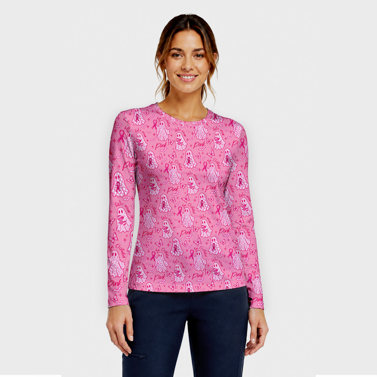 Pink October Ghost Underscrub, Long Sleeve Shirt for Nurses