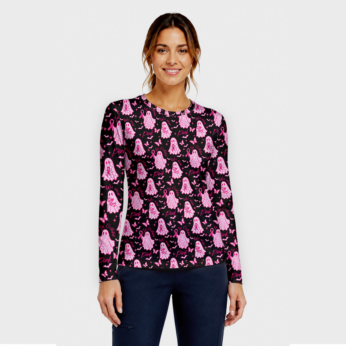 Pink October Ghost Underscrub, Long Sleeve Shirt for Nurses