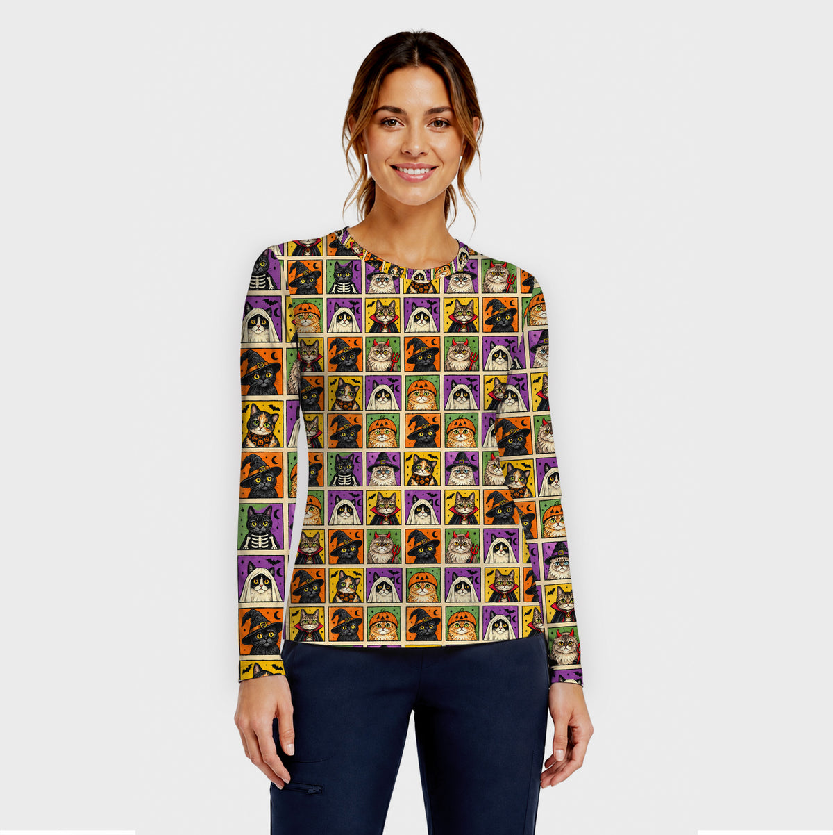 Halloween Cat Costume Patchwork Underscrub, Long Sleeve Shirt for Nurses