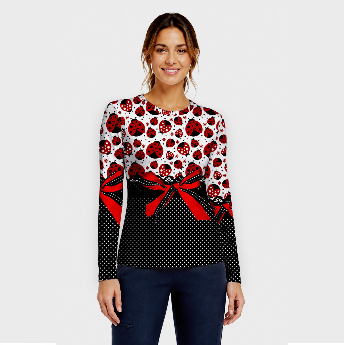 Ladybug Bow And Polka Dot Underscrub, Long Sleeve Shirt for Nurses