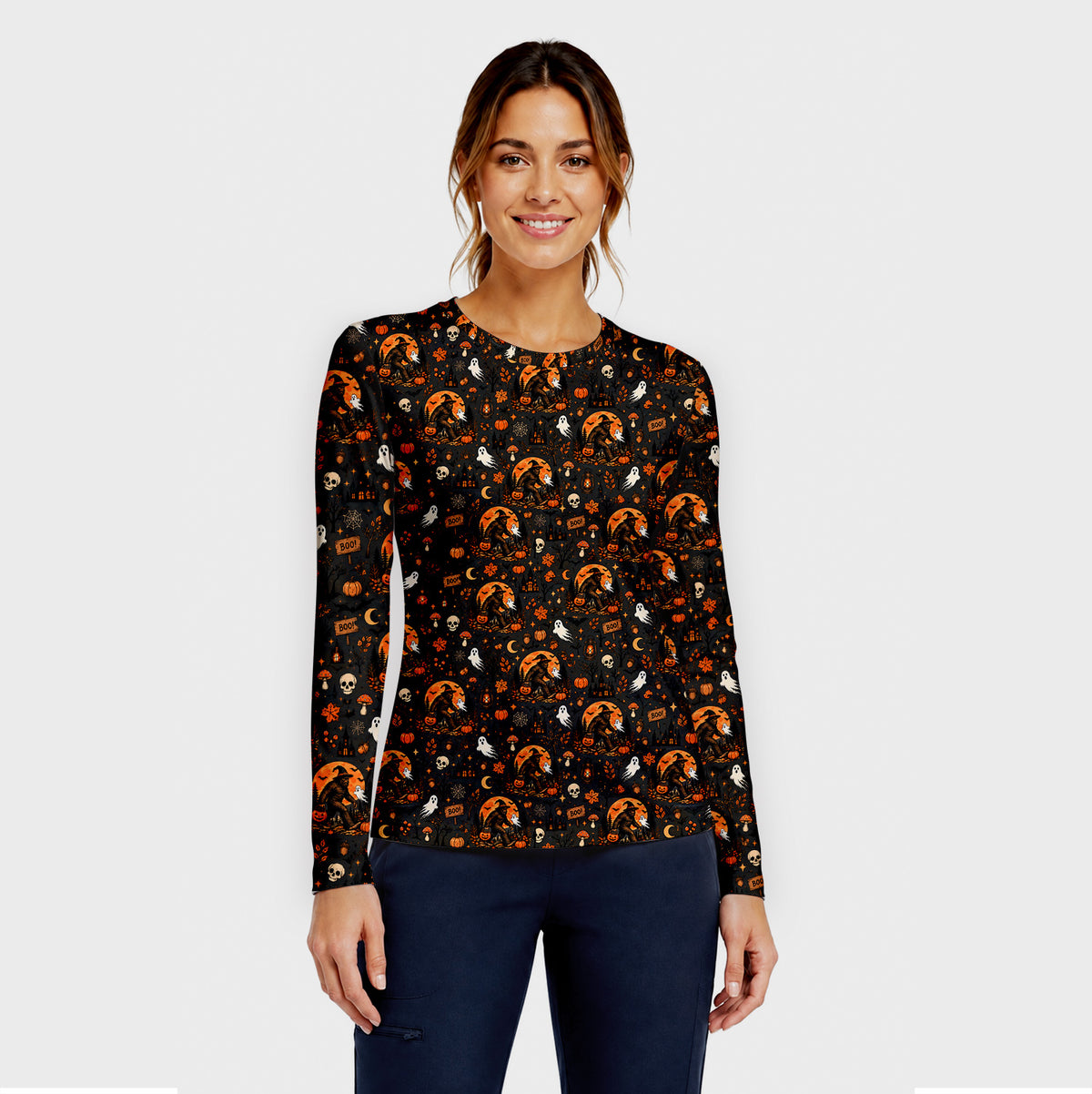 Halloween Bigfoot Ghost with Pumpkin Underscrub, Long Sleeve Shirt for Nurses