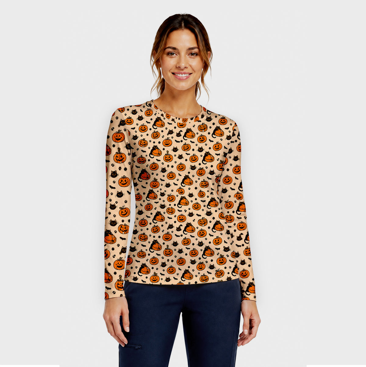 Cute Halloween Black Cat And Pumpkins Underscrub, Long Sleeve Shirt for Nurses