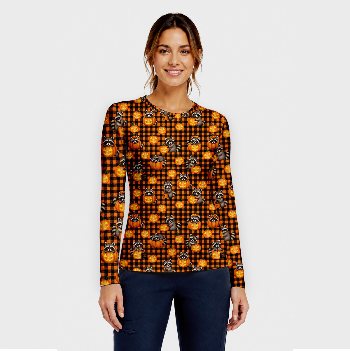 Halloween Raccoon And Pumpkin Underscrub, Long Sleeve Shirt for Nurses